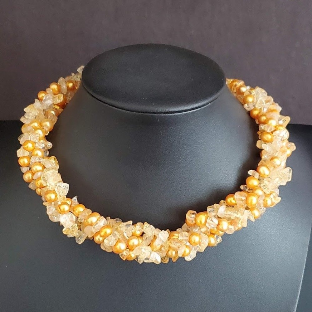 Ross-Simons Citrine Quartz Chip & Gold Pearl‎ Twisted Torsade Necklace 17"